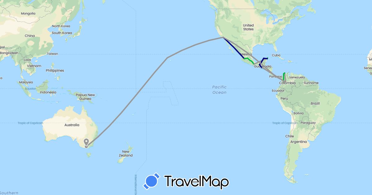 TravelMap itinerary: driving, bus, plane, boat in Australia, Colombia, Guatemala, Mexico, Panama, United States (North America, Oceania, South America)